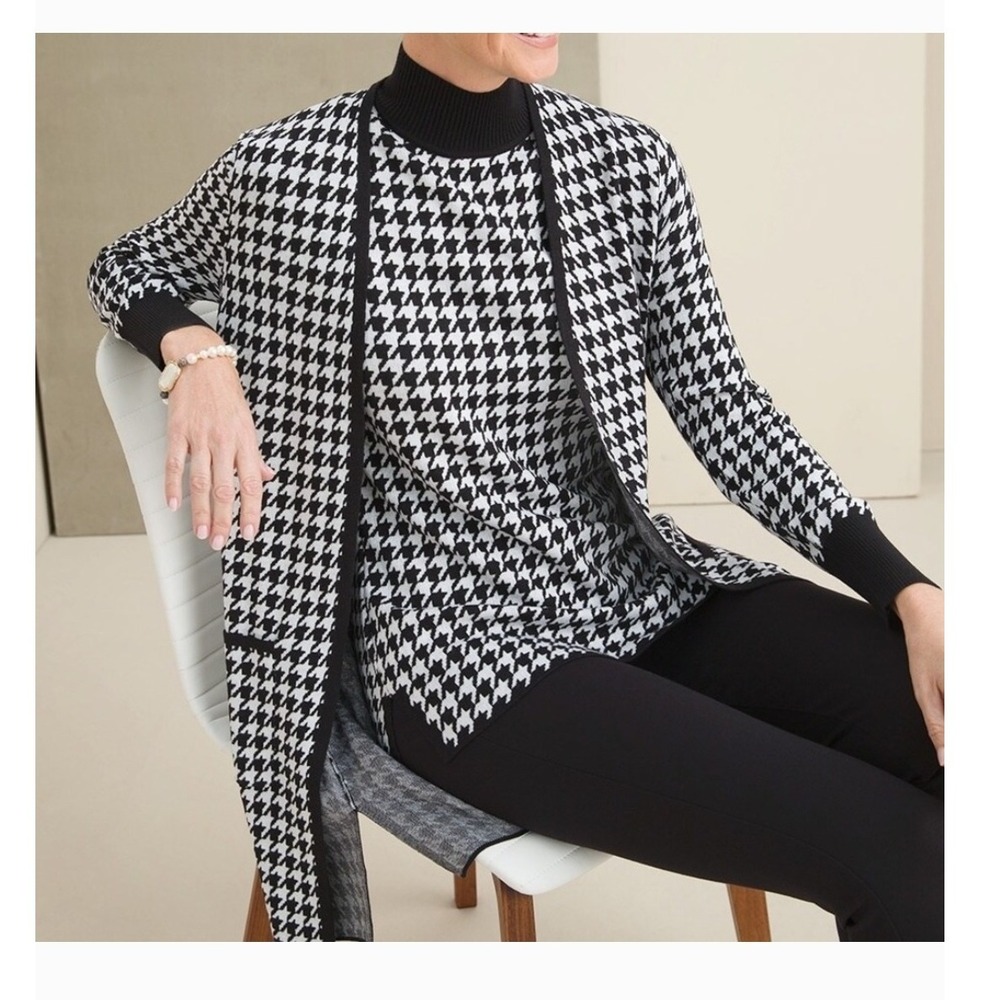 Chicos Houndstooth Knit Cardigan Tank Top Set Women Sz S Black White Mock Neck
